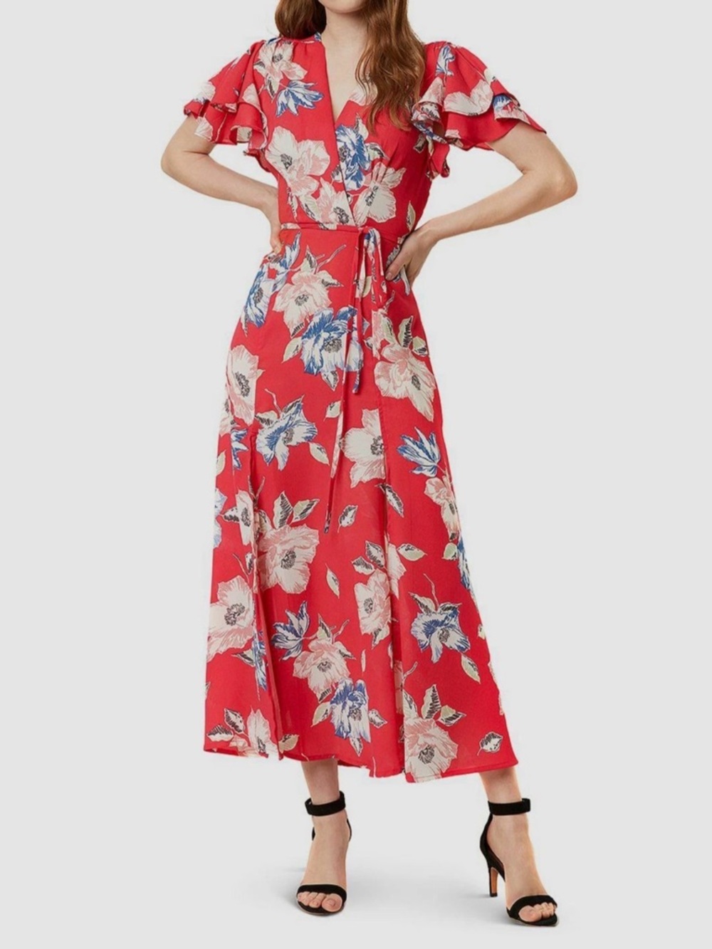French Connection Pink‎ Floral Maxi Dress with Blue & White Accents Sz 6